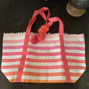 NWT Victoria’s Secret Canvas Tote with Pom Pom Tassle